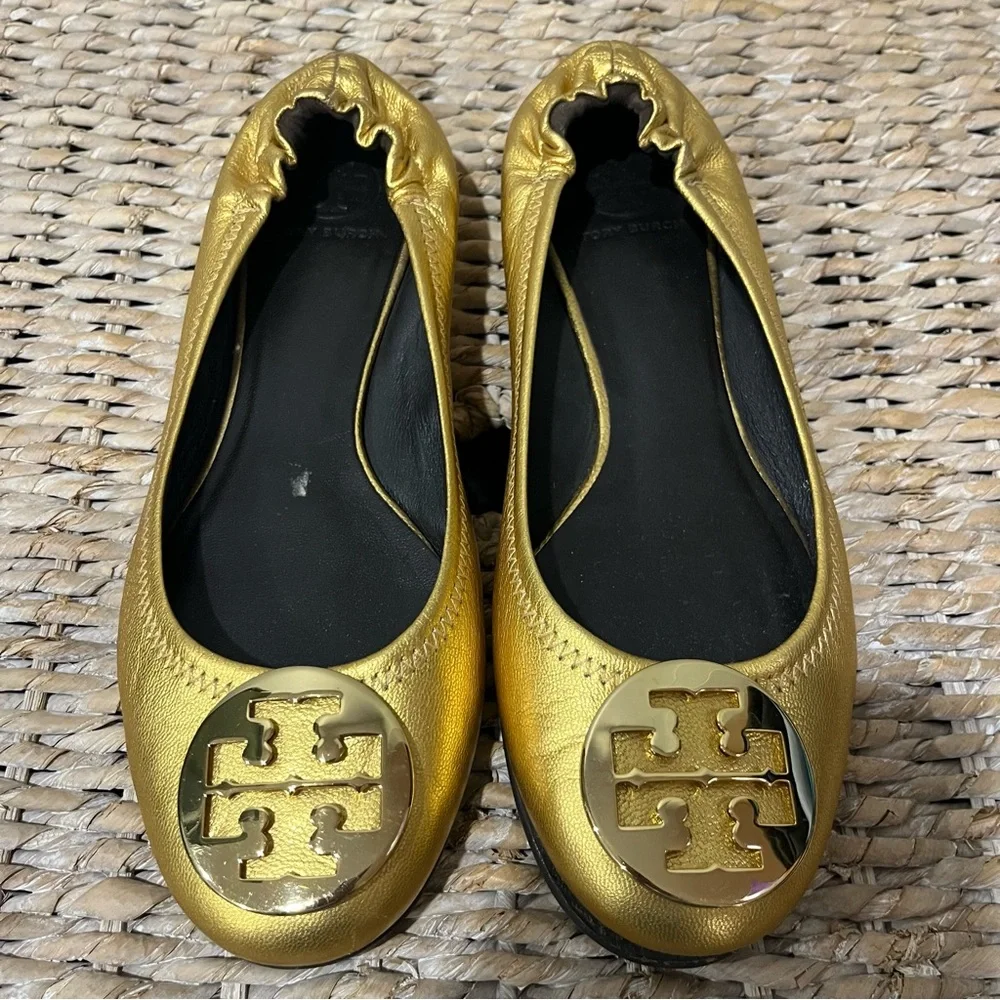 Tory Burch‎ Womens Metallic Logo Reva Leather Ballet Flats Size: 10.5 50008619